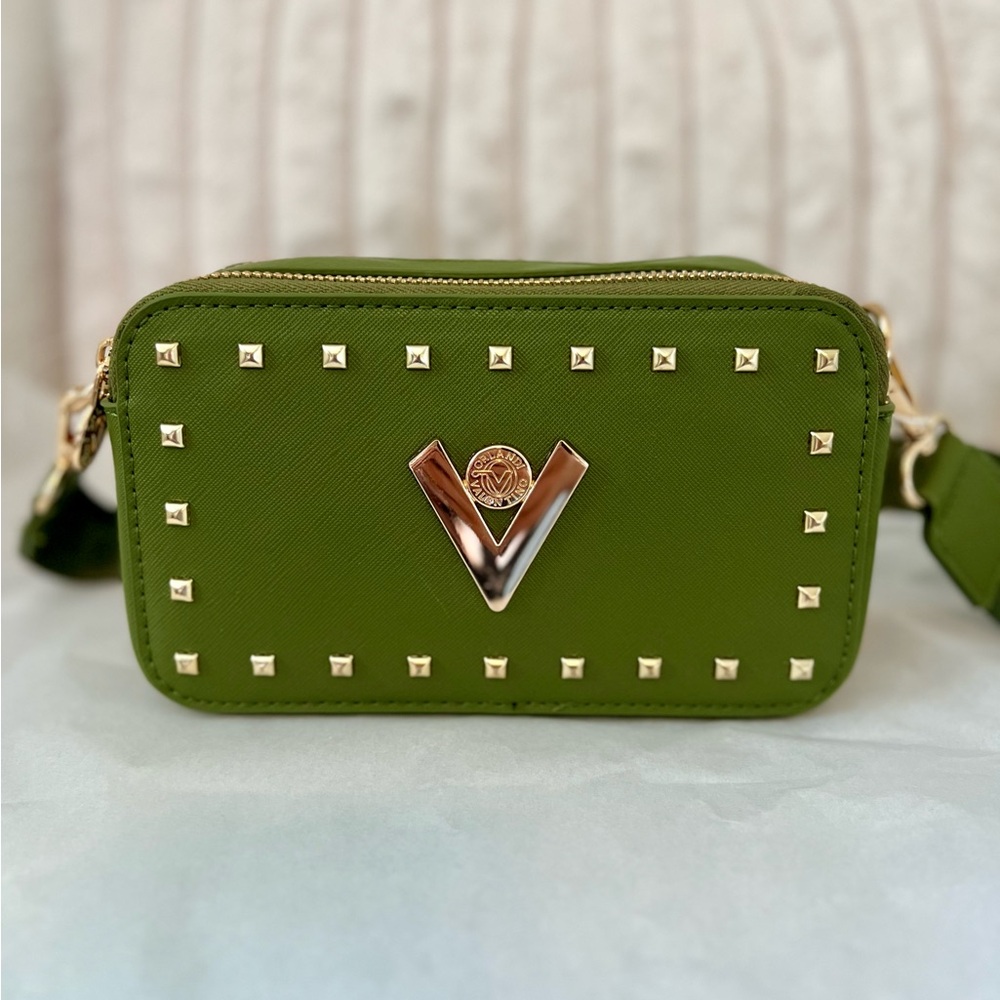 NEW Valentino Orlandi Forest Green Studded Crossbody/Shoulder Camera Bag Purse